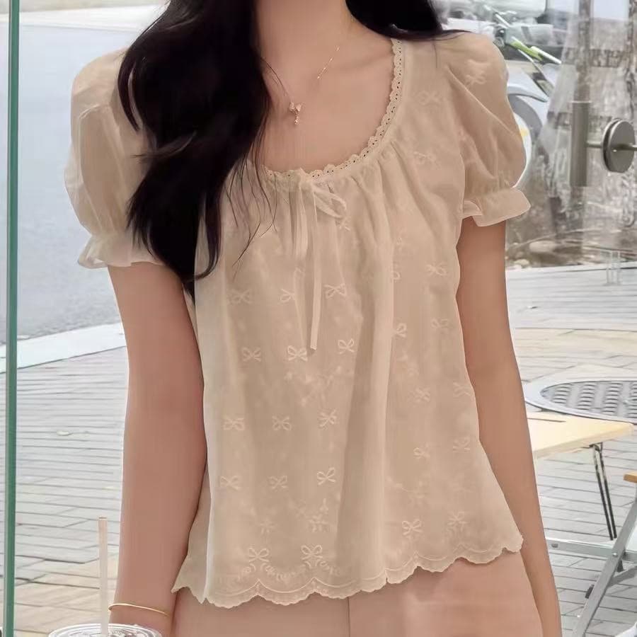프랑스식 레이스 나비 매듭 반팔 여성 셔츠 여름 새로운 한국 스타일 Chic 작은 셔츠 거품 소매 맨위 상세 이미지 4