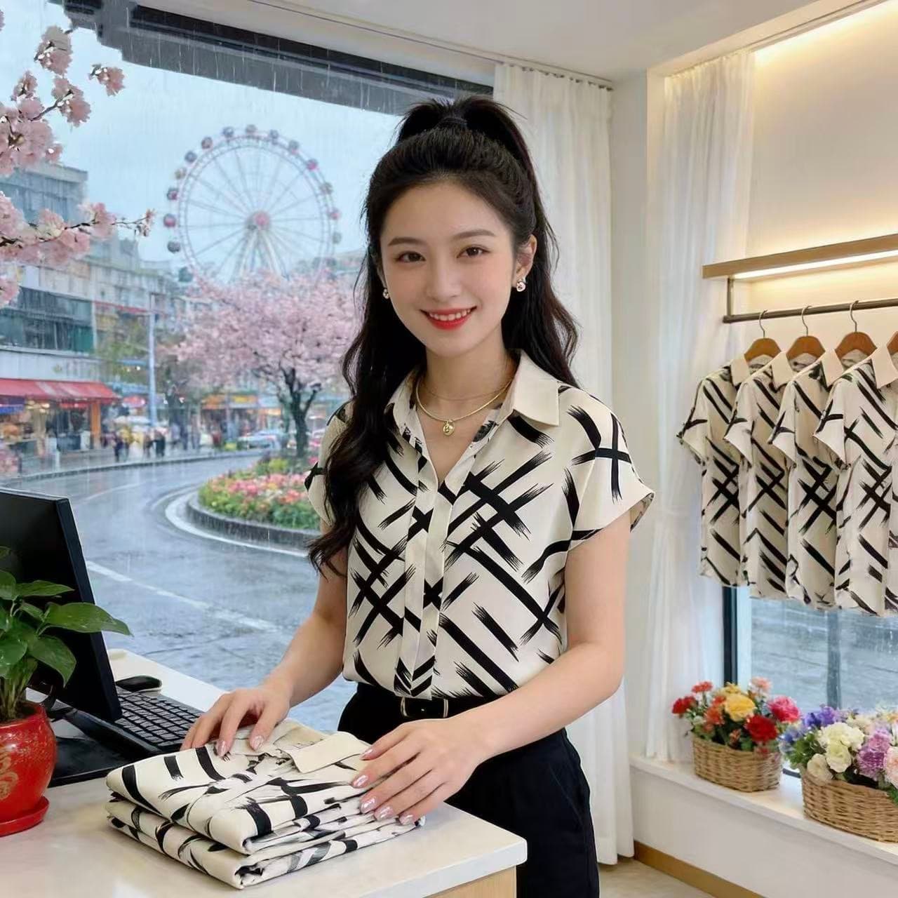 2026 여름 새로운 한국 스타일 루즈핏 반팔 여성 셔츠 표지 배 슬림해 보이는 디자인 센스 작은 셔츠 쉬폰 프린트 맨위