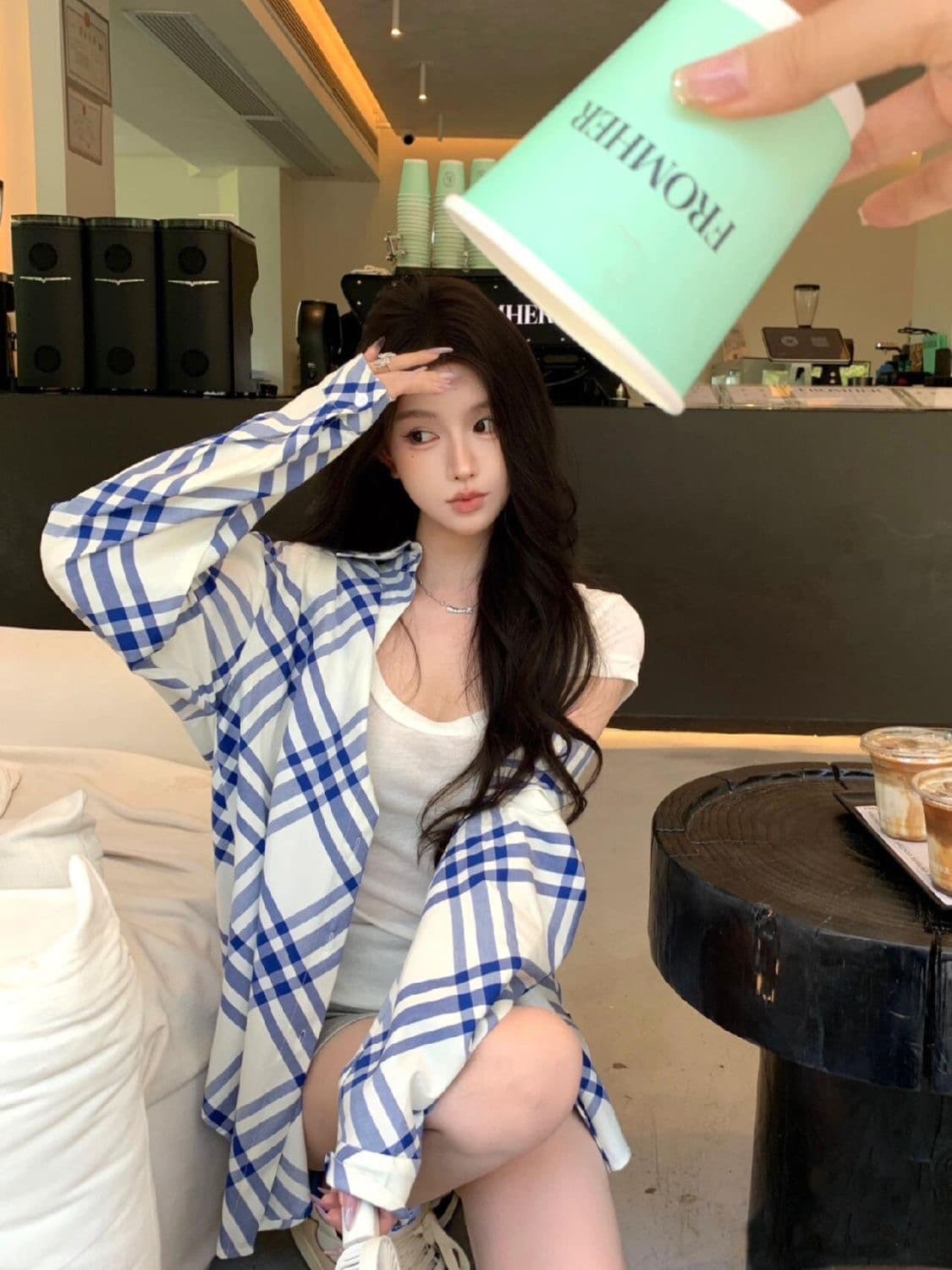 품격 다용도 블루 화이트 그리드 블루 화이트 스트라이프 긴팔 셔츠 재킷 루즈핏 캐주얼 자외선 차단 맨위 오픈 가디건 여성 상세 이미지 2