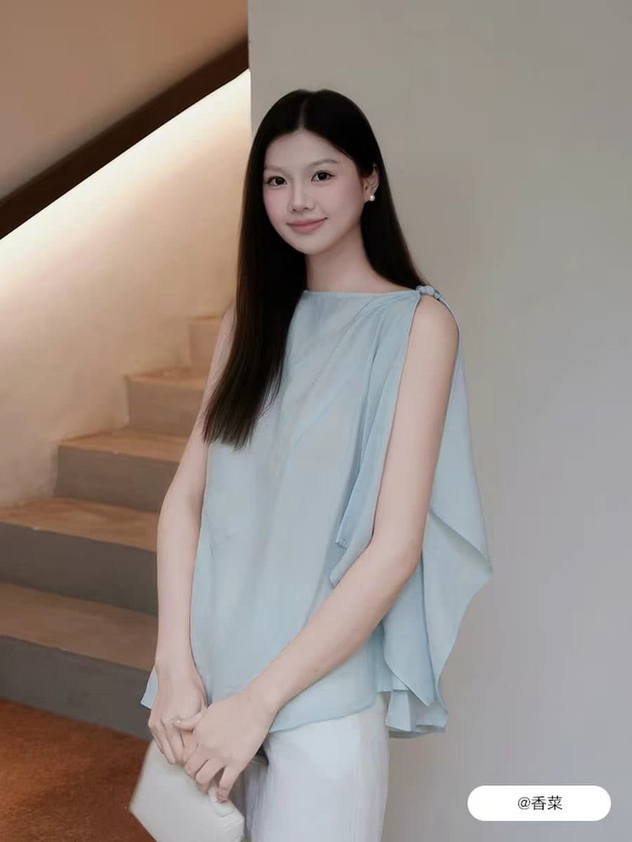 오프숄더 주간 실크 민소매 작은 셔츠 2026 여름 새로운 고급 센스 여성 셔츠 이미지 3