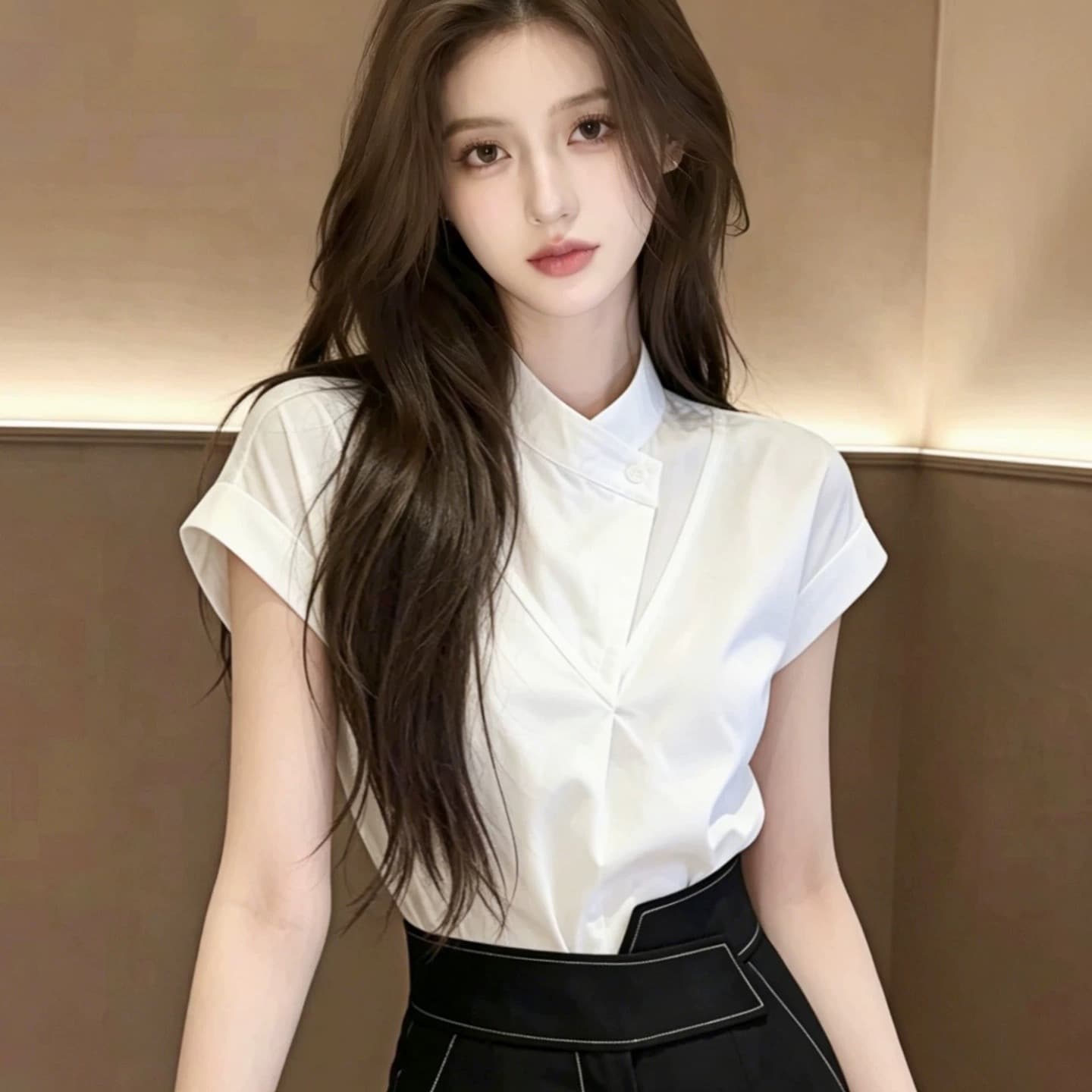 화이트 스탠드 칼라 반팔 셔츠 여자 2026 새로운 여름 슈퍼 화재 연령 감소 프랑스식 사소한 Chic 맨위 셔츠