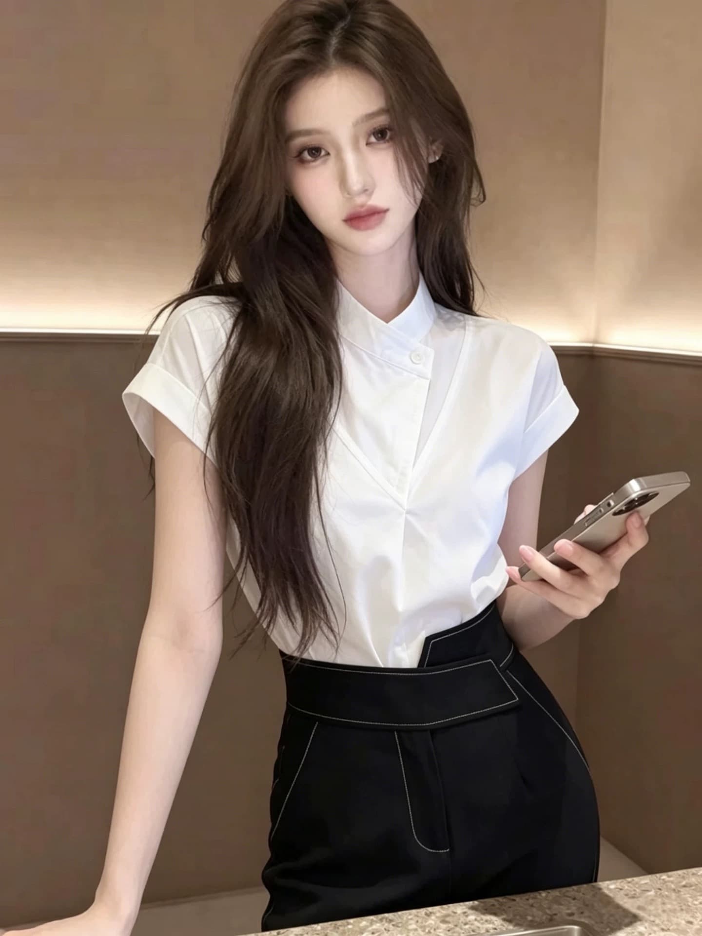 화이트 스탠드 칼라 반팔 셔츠 여자 2026 새로운 여름 슈퍼 화재 연령 감소 프랑스식 사소한 Chic 맨위 셔츠 이미지 4