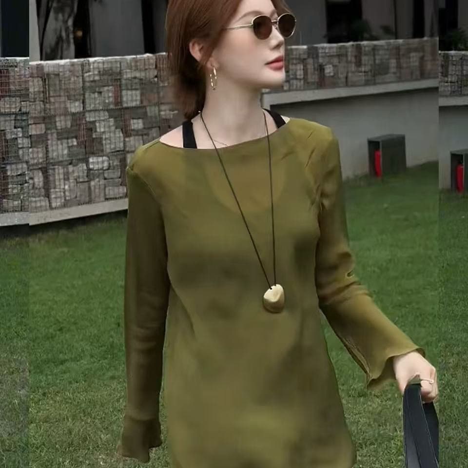 레트로 느슨함 센스 쉬폰 자외선 차단 블라우스 여성 여름 새로운 불규칙 느긋한 루즈핏 외출용 마이크로 ~을 통해 긴팔 맨위 상세 이미지 3