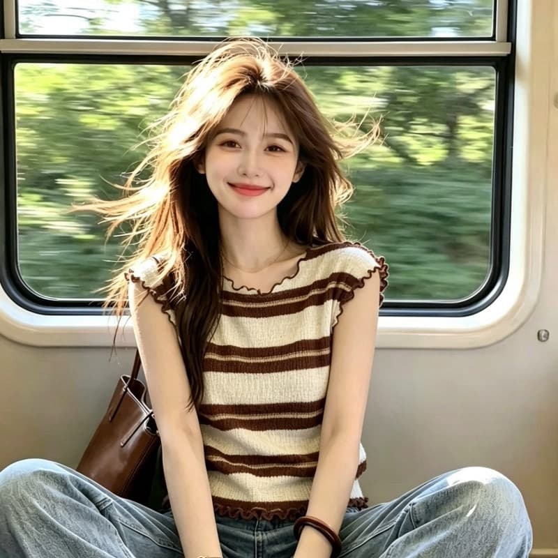 한 부서 프릴 스트라이프 민소매 니트 스웨터 여성 여름 2026 새로운 연령 감소 다용도 몸매 가꾸기 작은 날다 소매 맨위 상세 이미지 4