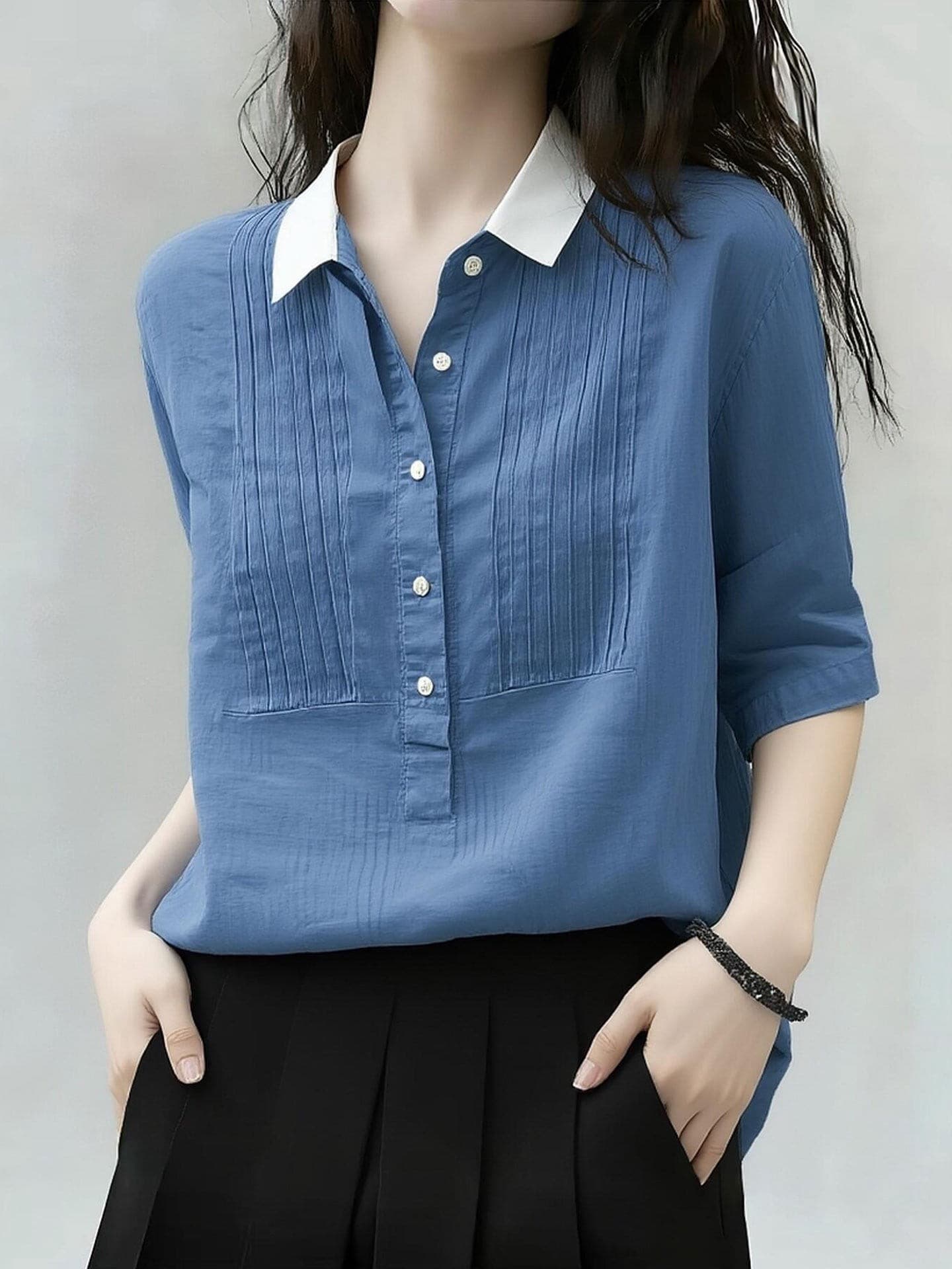 빛 요리 한 바람 파란색 폴로 칼라 긴팔 여성 셔츠 2026 여름 새로운 빅 사이즈 루즈핏 주름 디자인 단추 맨위 상세 이미지 2