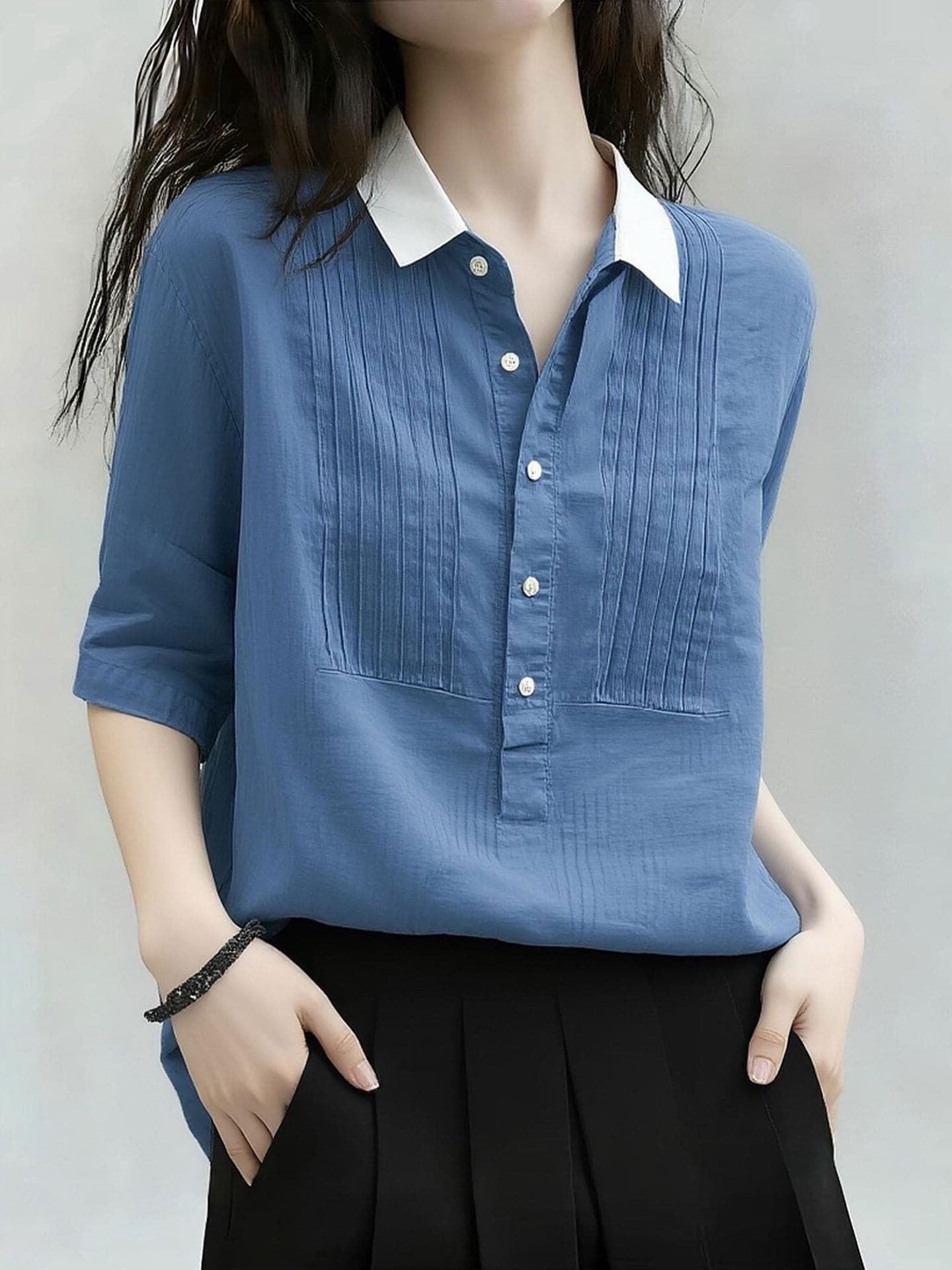 빛 요리 한 바람 파란색 폴로 칼라 긴팔 여성 셔츠 2026 여름 새로운 빅 사이즈 루즈핏 주름 디자인 단추 맨위 상세 이미지 3