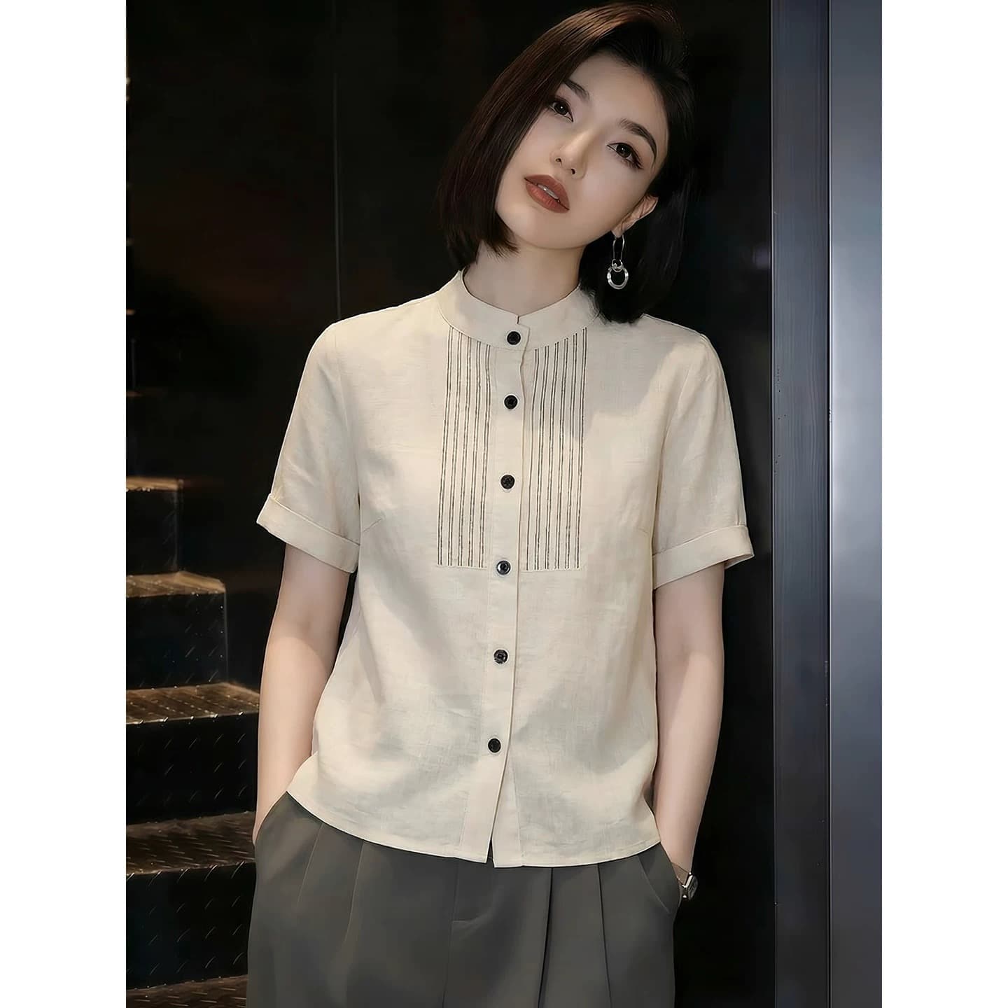 프랑스식 스탠드 칼라 반팔 여성 셔츠 레트로 디자인 센스 출퇴근 맨위 2026 여름 새로운 올해 인기 폭발 이미지 4