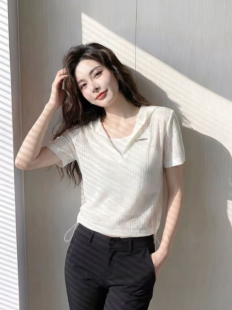 여름 얼음 실크 니트 까마귀 여성 홀로우 아웃 디자인 센스 맨위 티셔츠 펌프 로프 허리 수축 슬림해 보이는 자외선 차단 블라우스 여성 상세 이미지 2