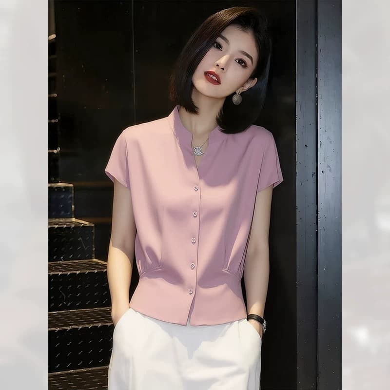부드러운 바람 핑크색 싱글 줄 버튼 여성 셔츠 여름 2026 년 새로운 고급 빛 럭셔리 반팔 고유 한 Chic 셔츠 상세 이미지 1