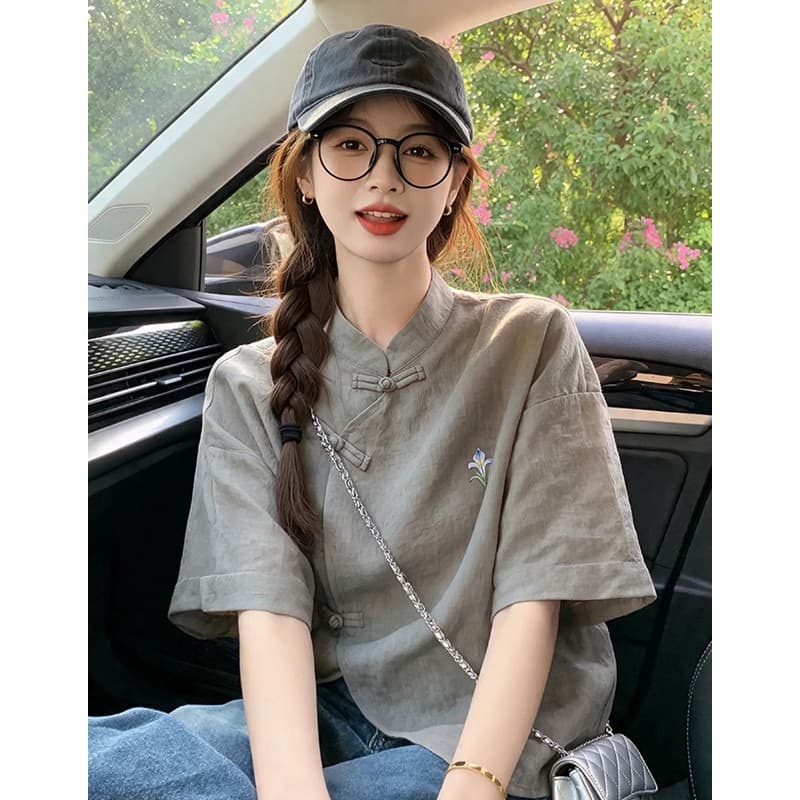 새로운 중식 국풍 고급 여성 셔츠 차 회색 붓꽃을 만발하다 면 린넨 반팔 티셔츠 여름 영 에디션 개선 당나라