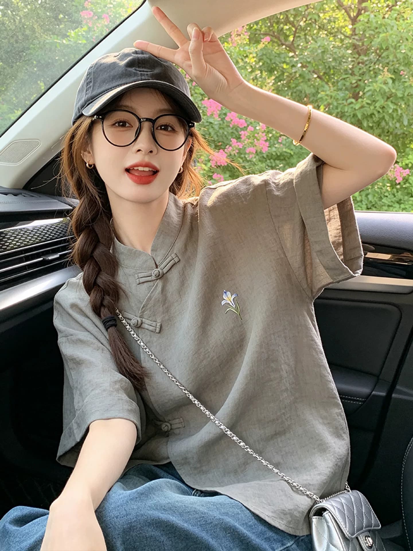 새로운 중식 국풍 고급 여성 셔츠 차 회색 붓꽃을 만발하다 면 린넨 반팔 티셔츠 여름 영 에디션 개선 당나라 이미지 3
