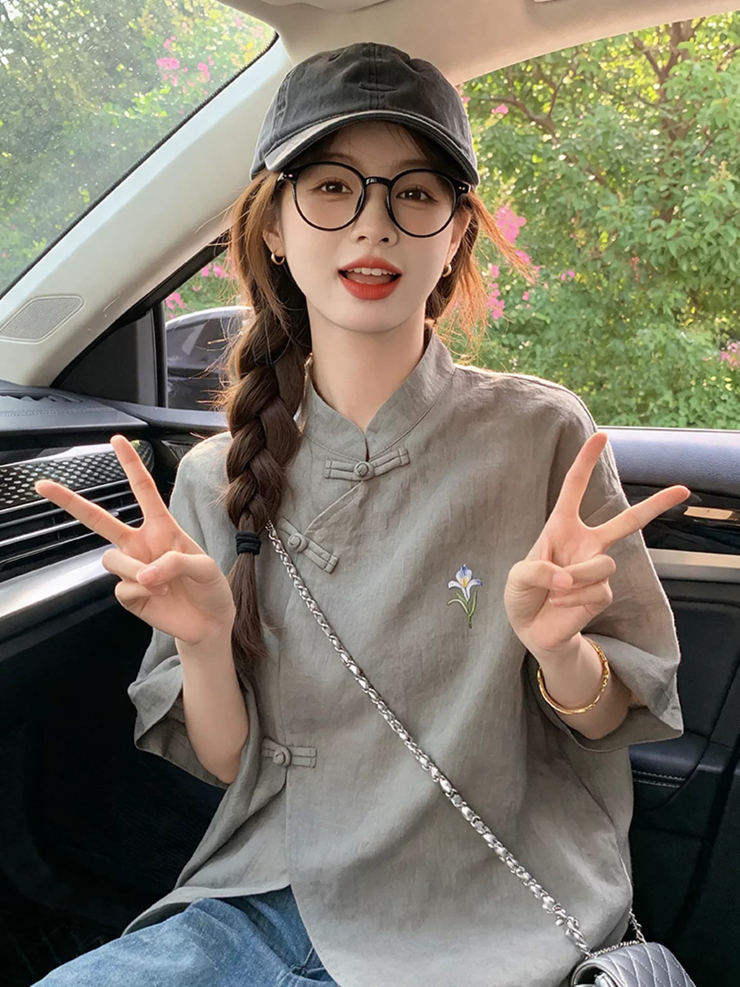 새로운 중식 국풍 고급 여성 셔츠 차 회색 붓꽃을 만발하다 면 린넨 반팔 티셔츠 여름 영 에디션 개선 당나라 상세 이미지 2