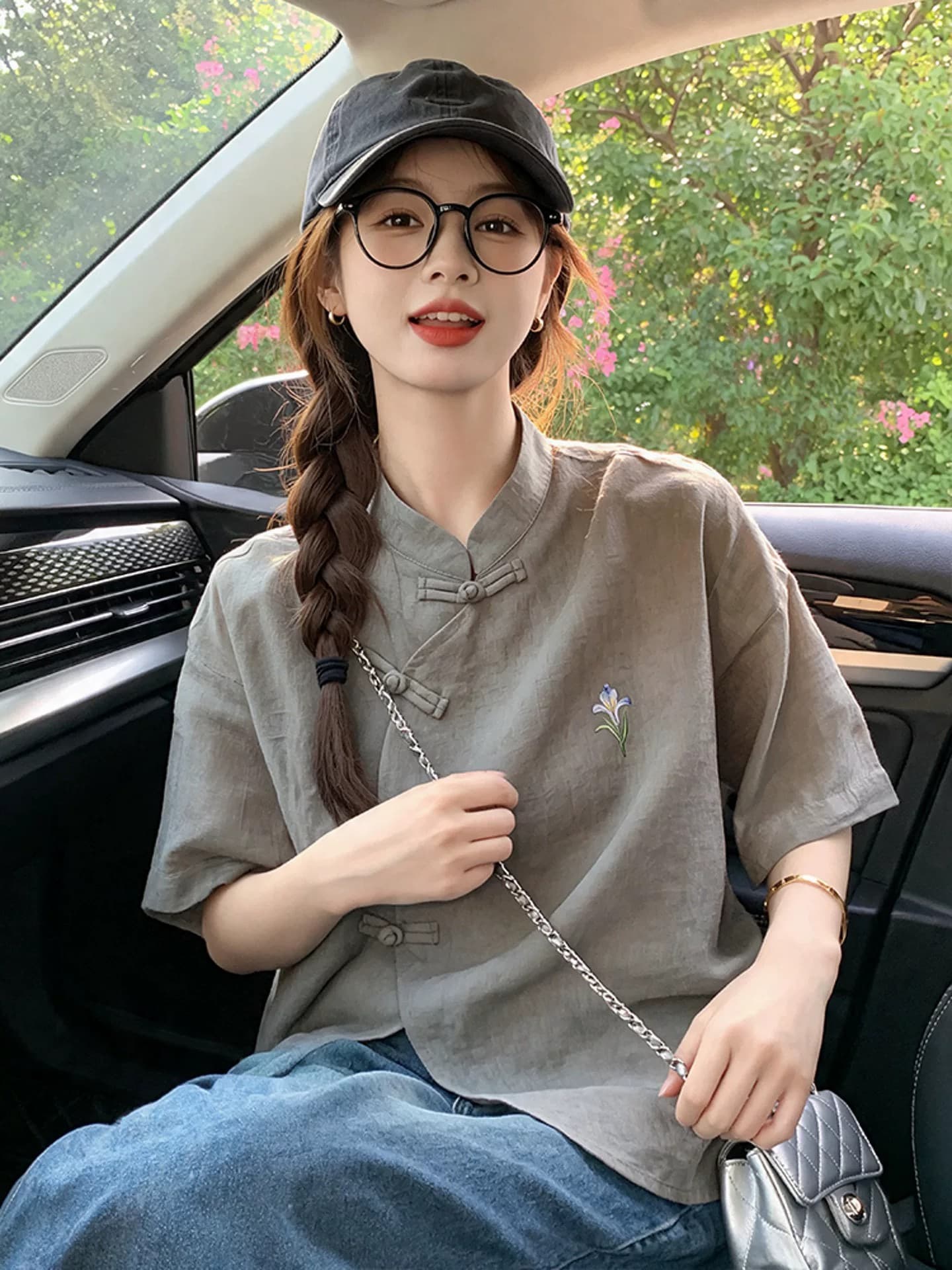 새로운 중식 국풍 고급 여성 셔츠 차 회색 붓꽃을 만발하다 면 린넨 반팔 티셔츠 여름 영 에디션 개선 당나라 상세 이미지 3