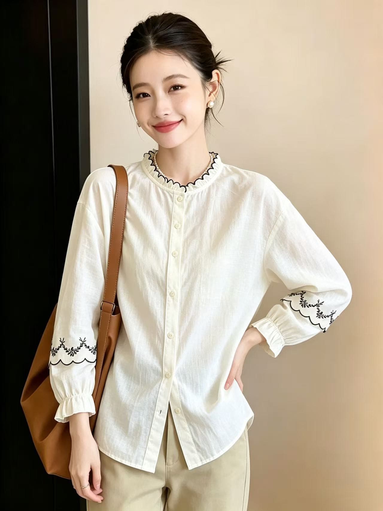 프랑스식 연꽃 잎 스탠드 칼라 긴팔 여성 셔츠 2026 년 가을 거품 소매 셔츠 맨위 여성 상세 이미지 2