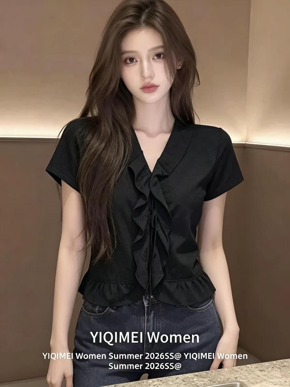 검정색 V넥 반팔 여성 셔츠 여름 맨위 셔츠 이미지 3