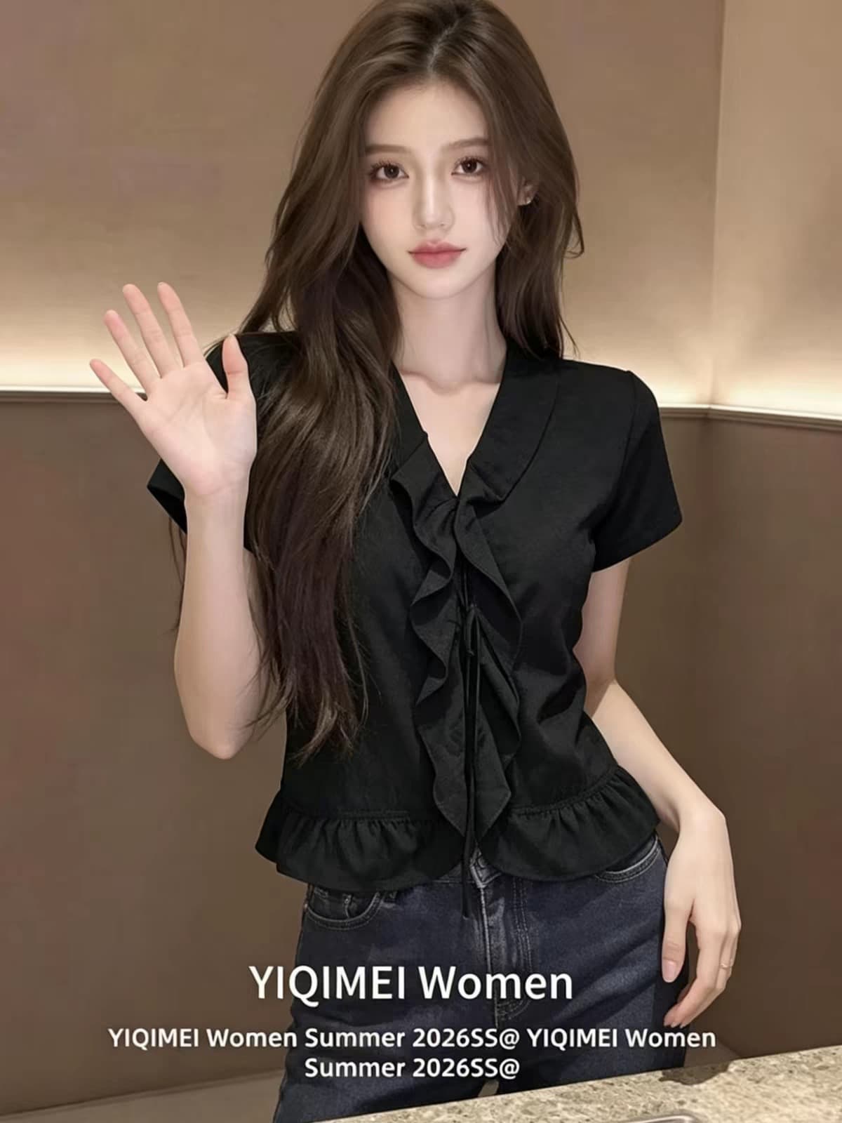 검정색 V넥 반팔 여성 셔츠 여름 맨위 셔츠 상세 이미지 1
