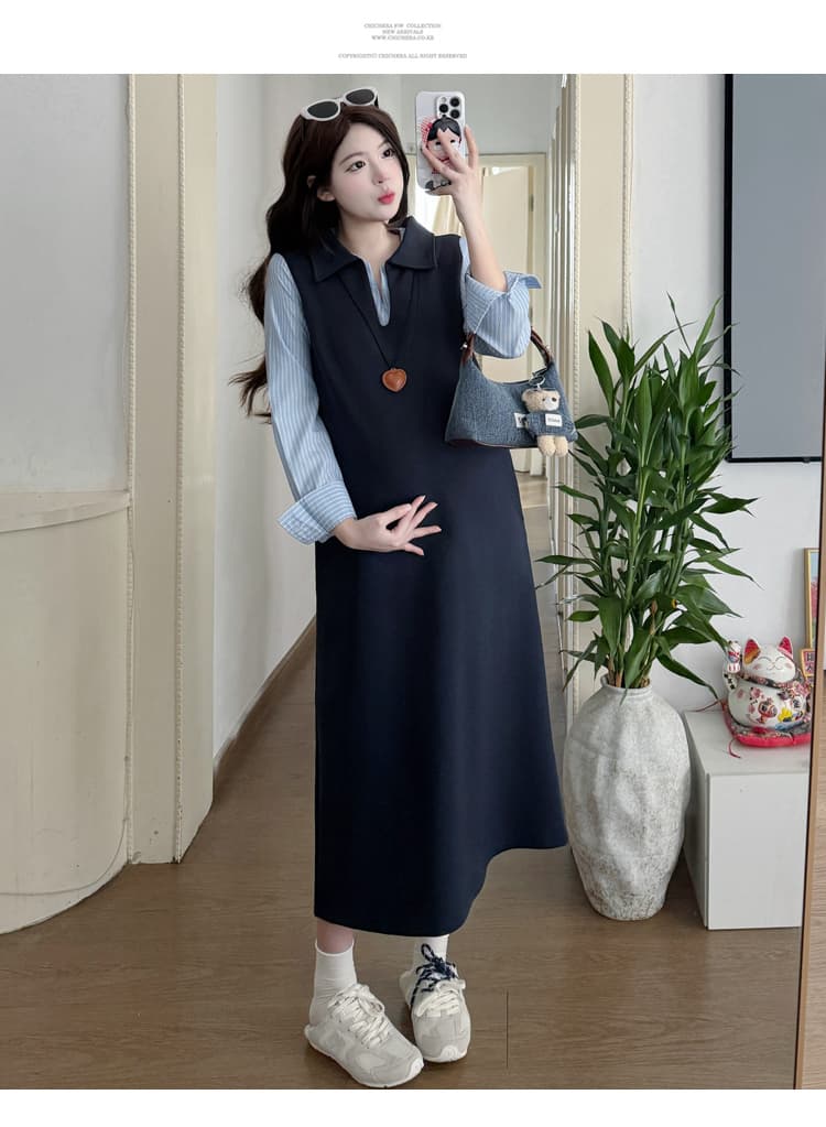 실사 재고 있음 임산부 봄 드레스 2026 새로운 루즈핏 빅 사이즈 롱 코트 셔츠 패치워크 치마 상세 이미지 12