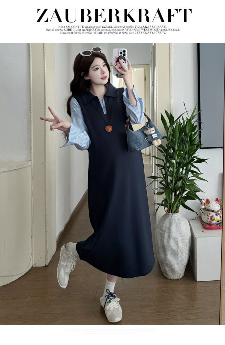 실사 재고 있음 임산부 봄 드레스 2026 새로운 루즈핏 빅 사이즈 롱 코트 셔츠 패치워크 치마 상세 이미지 13