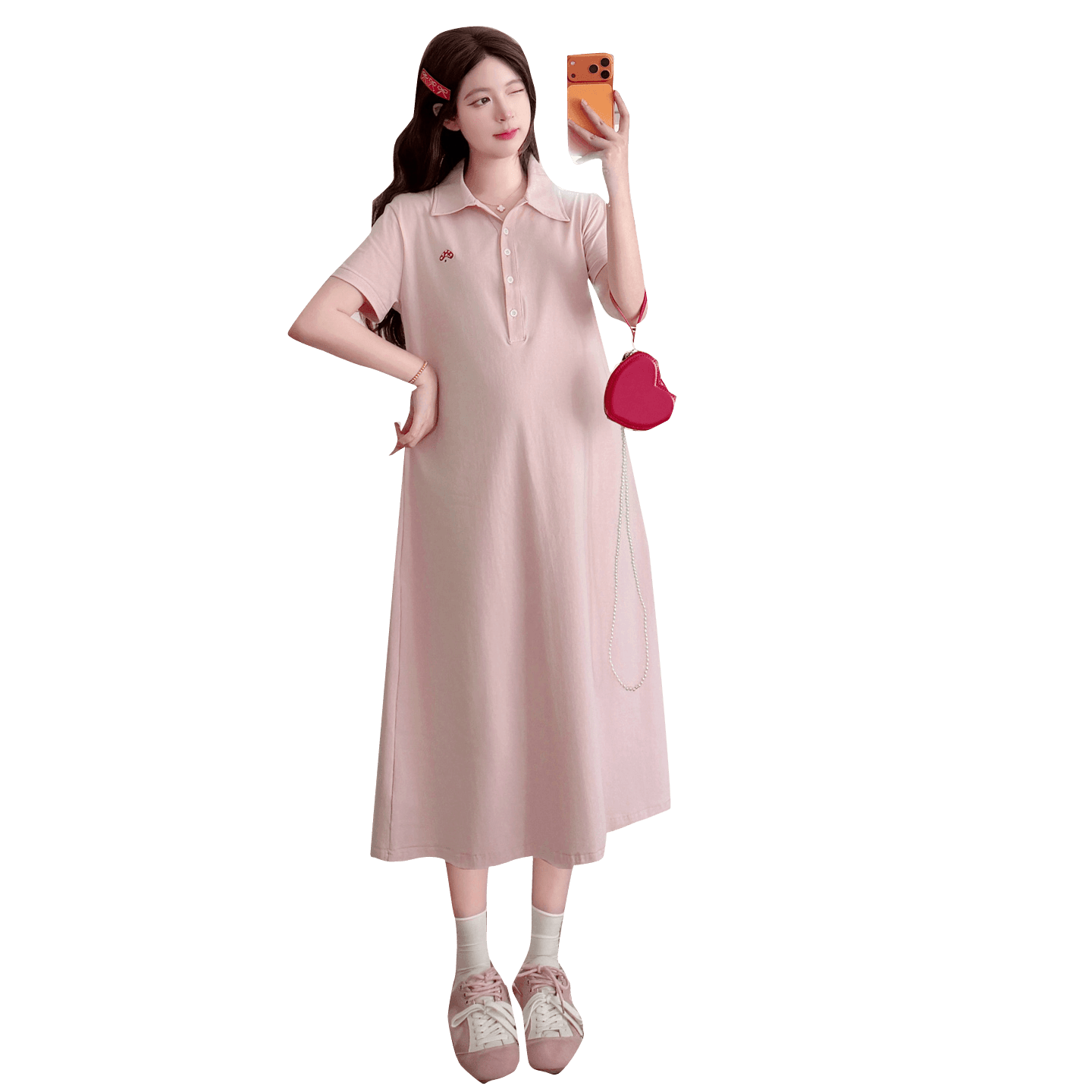 실사 재고 있음 임산부 여름 드레스 드레스 2026 새로운 루즈핏 빅 사이즈 버섯 자수 면 소재 드레스 이미지 5