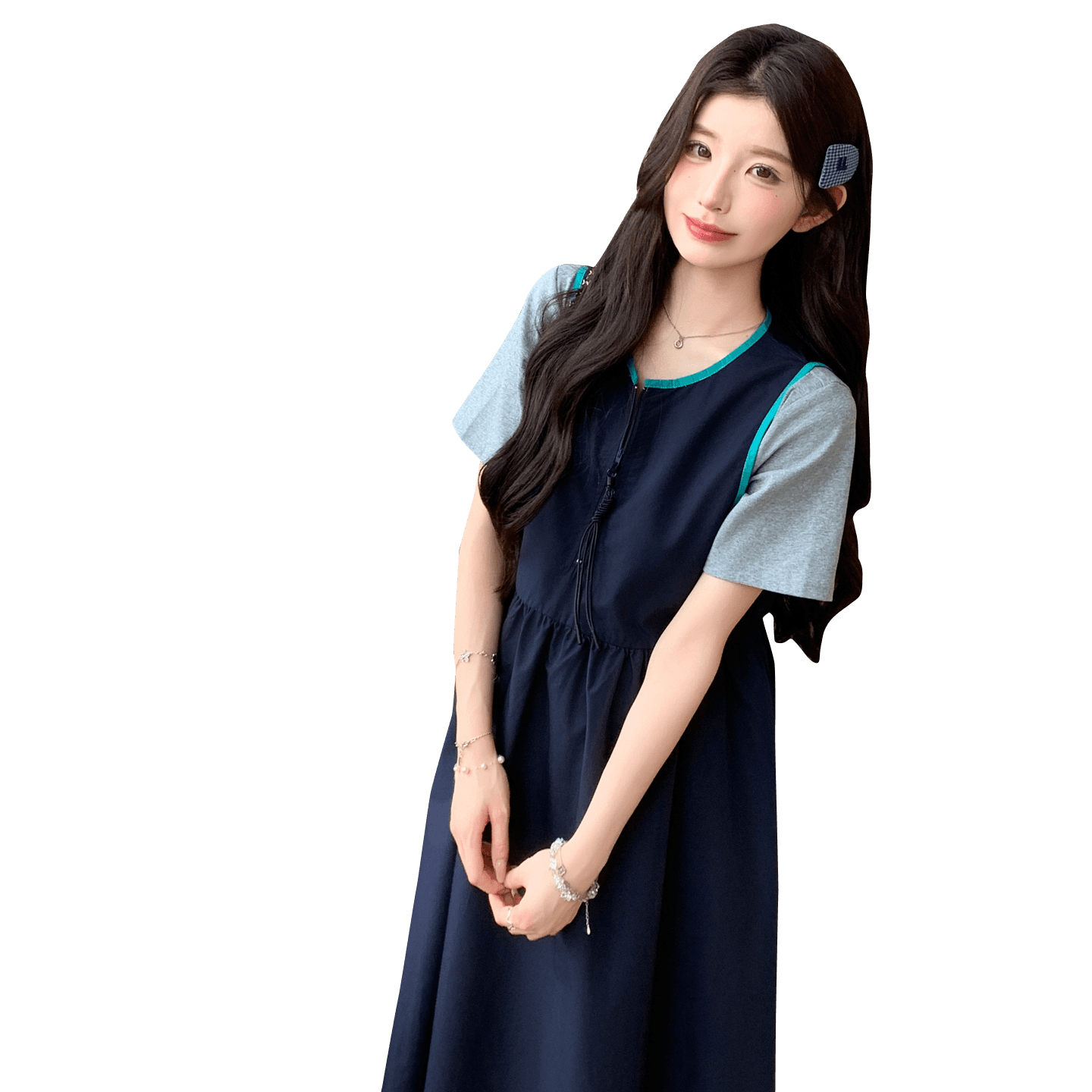 실사 재고 있음 임산부 여름 드레스 드레스 페이크 레이어드 루즈핏 빅 사이즈 한국 스타일 지퍼 드레스 2026 새로운 이미지 6