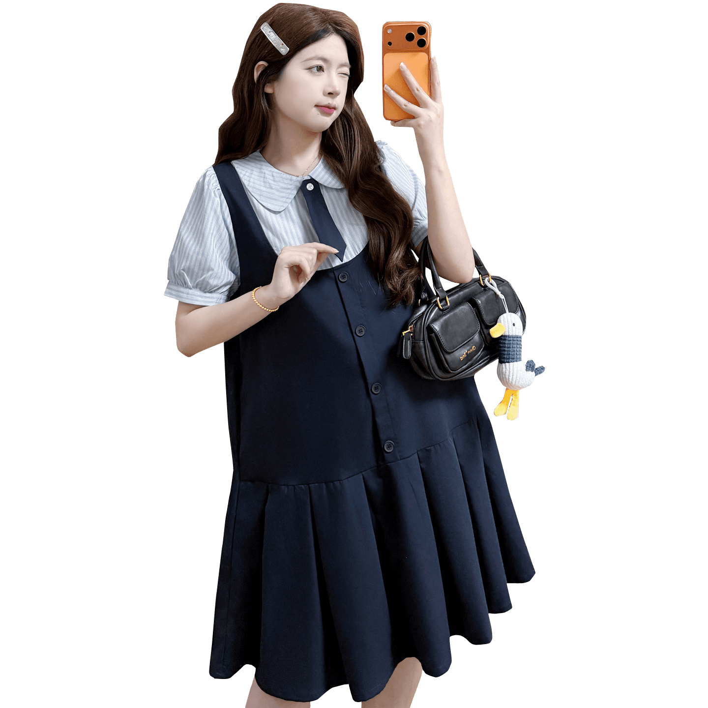 실사 재고 있음 임산부 여름 드레스 2026 새로운 학원 스타일 드레스 나비 넥타이 탈착식 이미지 6