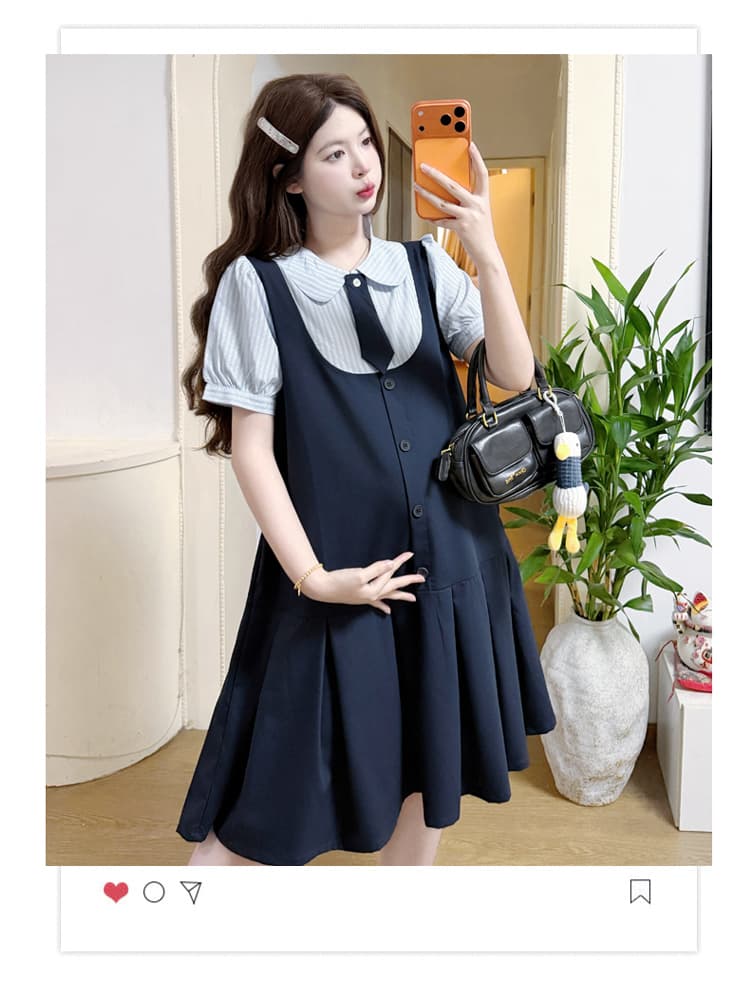 실사 재고 있음 임산부 여름 드레스 2026 새로운 학원 스타일 드레스 나비 넥타이 탈착식 상세 이미지 3