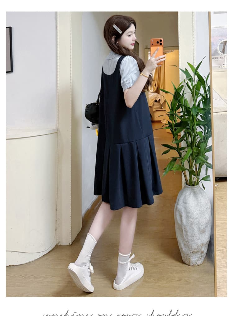 실사 재고 있음 임산부 여름 드레스 2026 새로운 학원 스타일 드레스 나비 넥타이 탈착식 상세 이미지 15