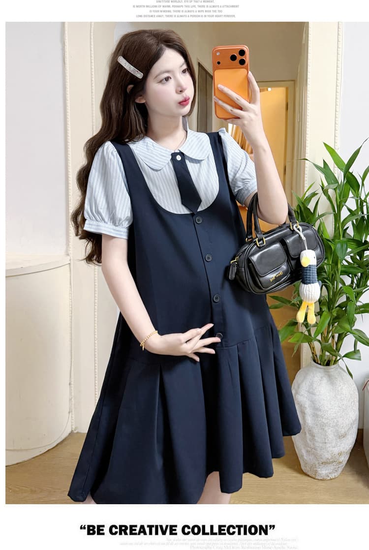 실사 재고 있음 임산부 여름 드레스 2026 새로운 학원 스타일 드레스 나비 넥타이 탈착식 상세 이미지 18