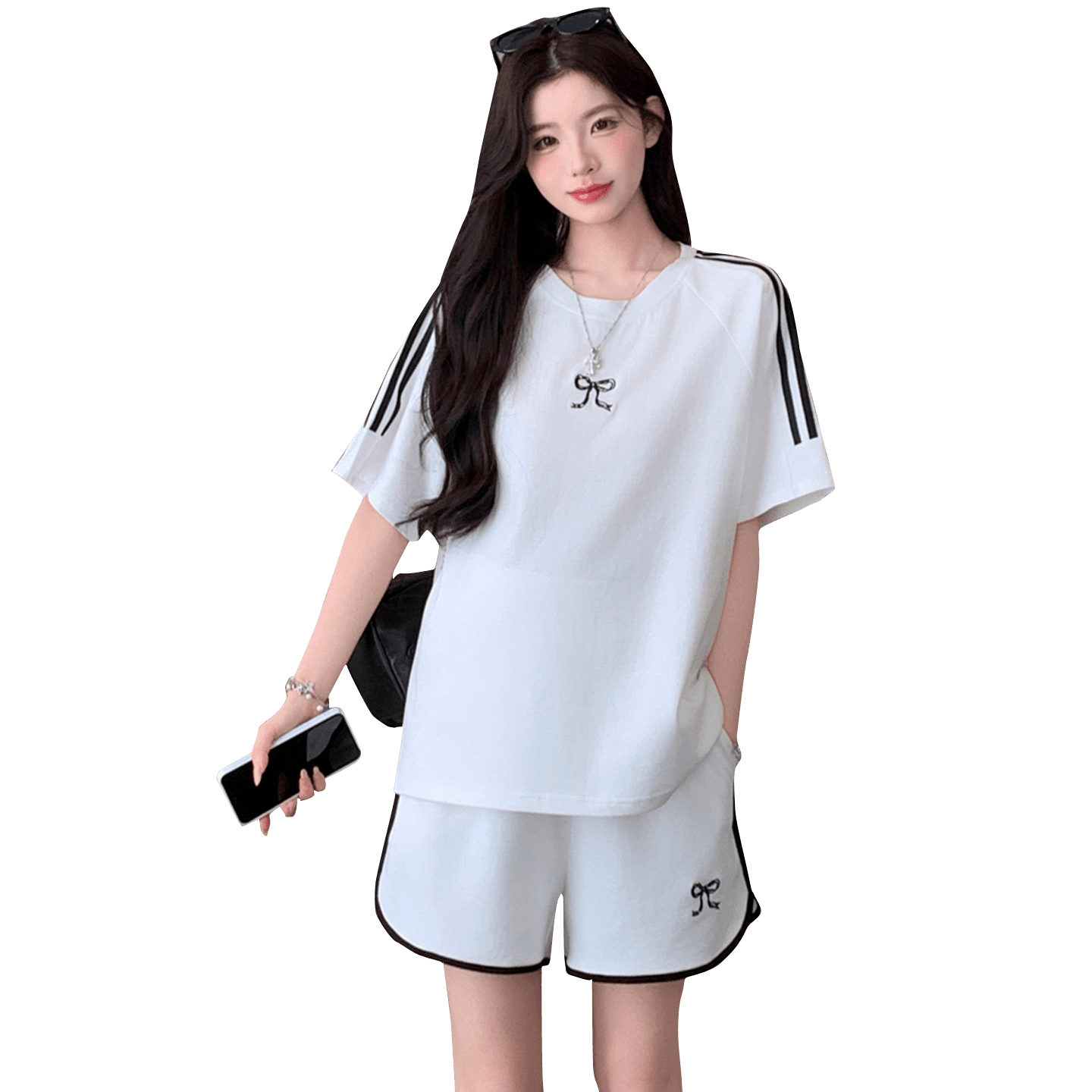 실사 재고 있음 임산부 여름 드레스 세트 2026 새로운 끌기 배 차가운 반팔 반바지 세트 이미지 6