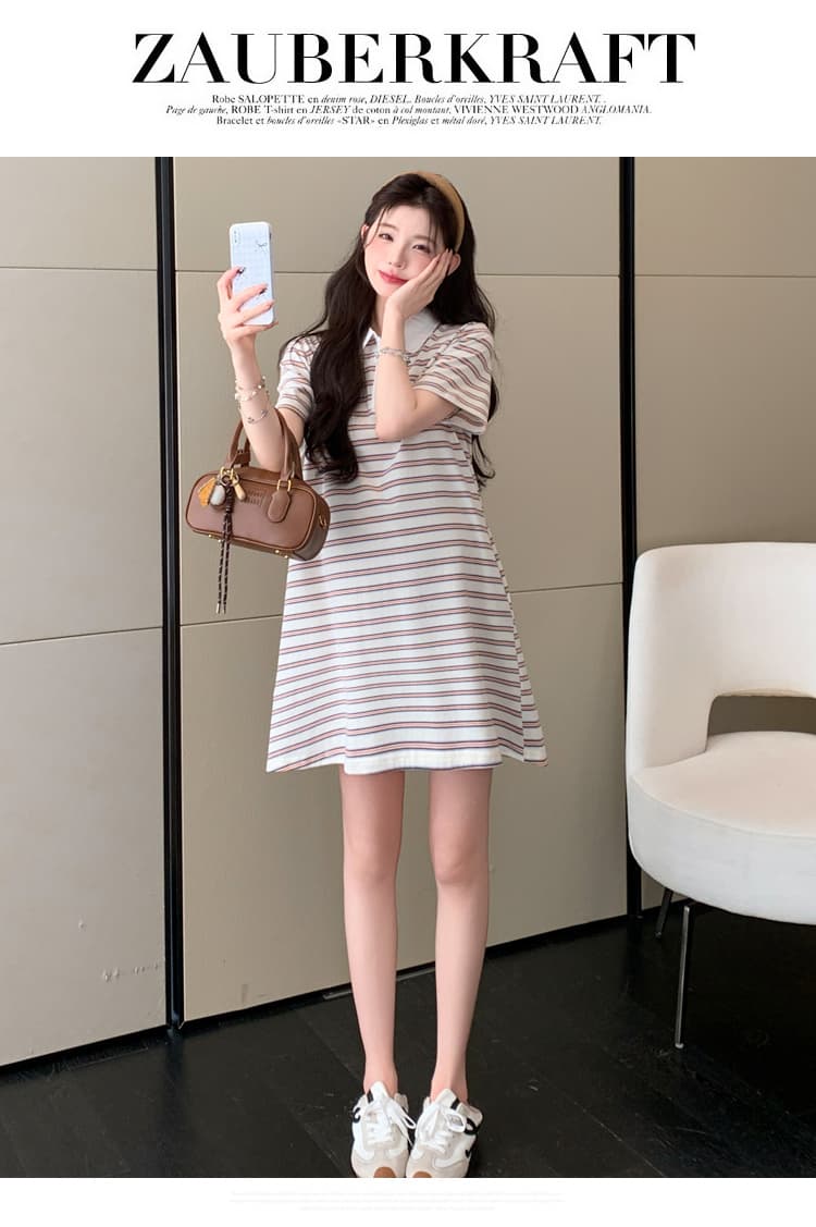 실사 재고 있음 임산부 여름 드레스 2026 새로운 스트라이프 순면 루즈핏 빅 사이즈 POLO 칼라 티셔츠 치마 상세 이미지 2