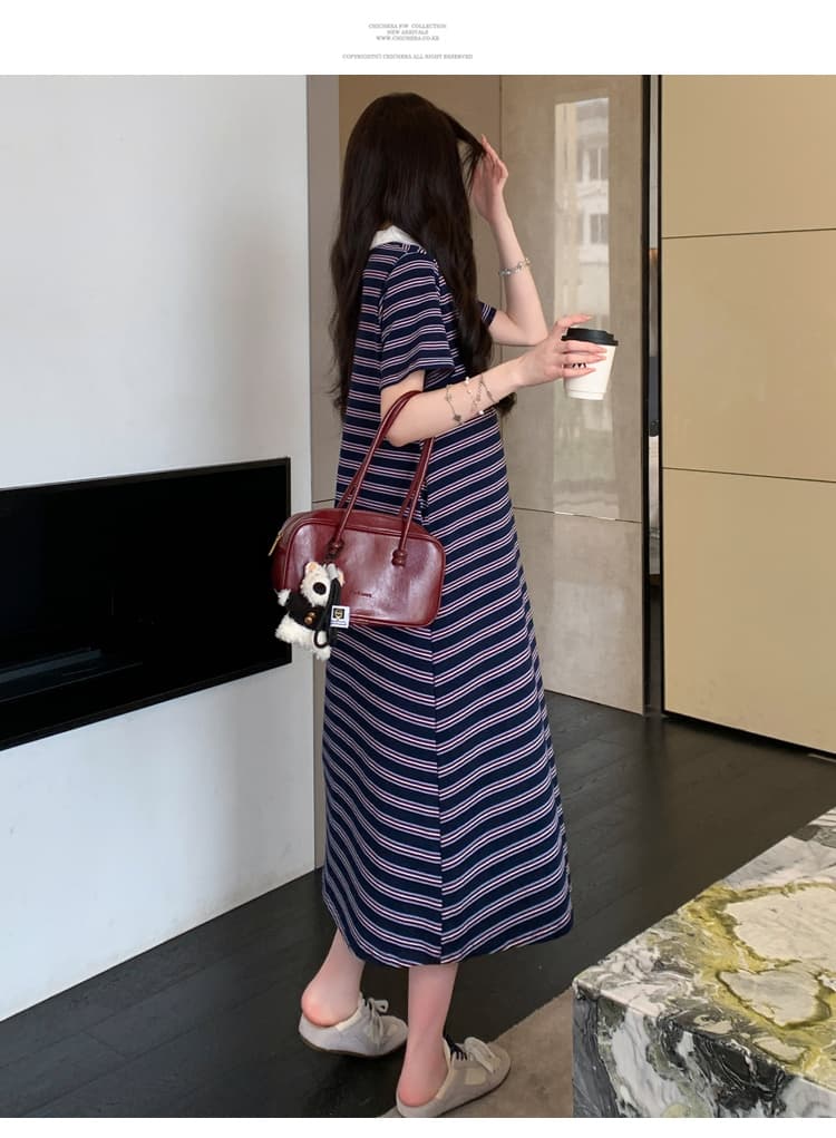 실사 재고 있음 임산부 여름 드레스 2026 새로운 스트라이프 순면 루즈핏 빅 사이즈 POLO 칼라 티셔츠 치마 상세 이미지 14