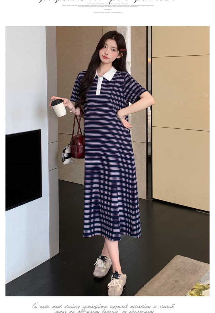 실사 재고 있음 임산부 여름 드레스 2026 새로운 스트라이프 순면 루즈핏 빅 사이즈 POLO 칼라 티셔츠 치마 상세 이미지 18