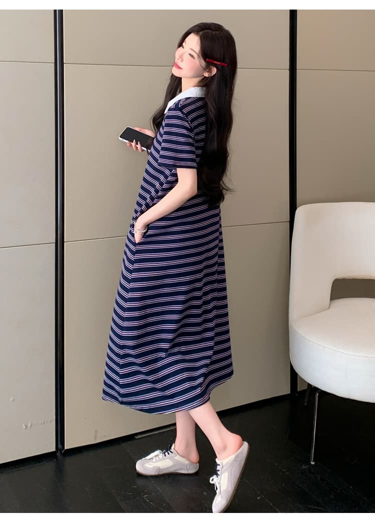 실사 재고 있음 임산부 여름 드레스 2026 새로운 스트라이프 순면 루즈핏 빅 사이즈 POLO 칼라 티셔츠 치마 상세 이미지 23