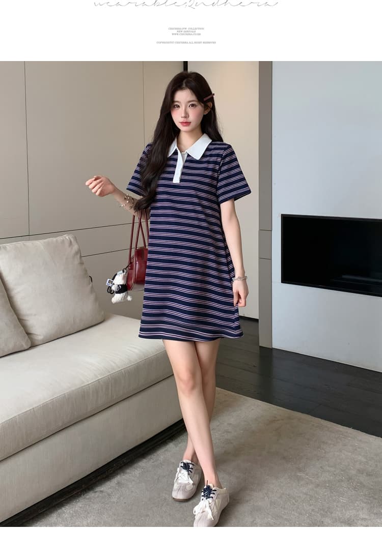 실사 재고 있음 임산부 여름 드레스 2026 새로운 스트라이프 순면 루즈핏 빅 사이즈 POLO 칼라 티셔츠 치마 상세 이미지 28