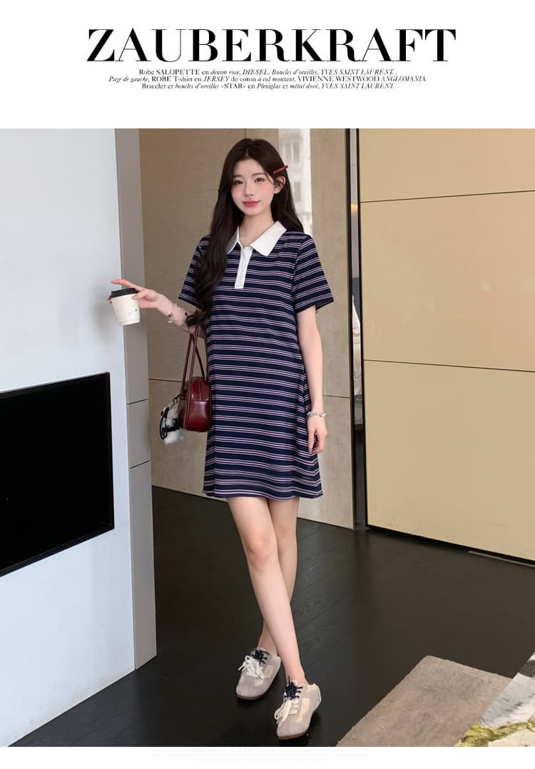 실사 재고 있음 임산부 여름 드레스 2026 새로운 스트라이프 순면 루즈핏 빅 사이즈 POLO 칼라 티셔츠 치마 상세 이미지 29