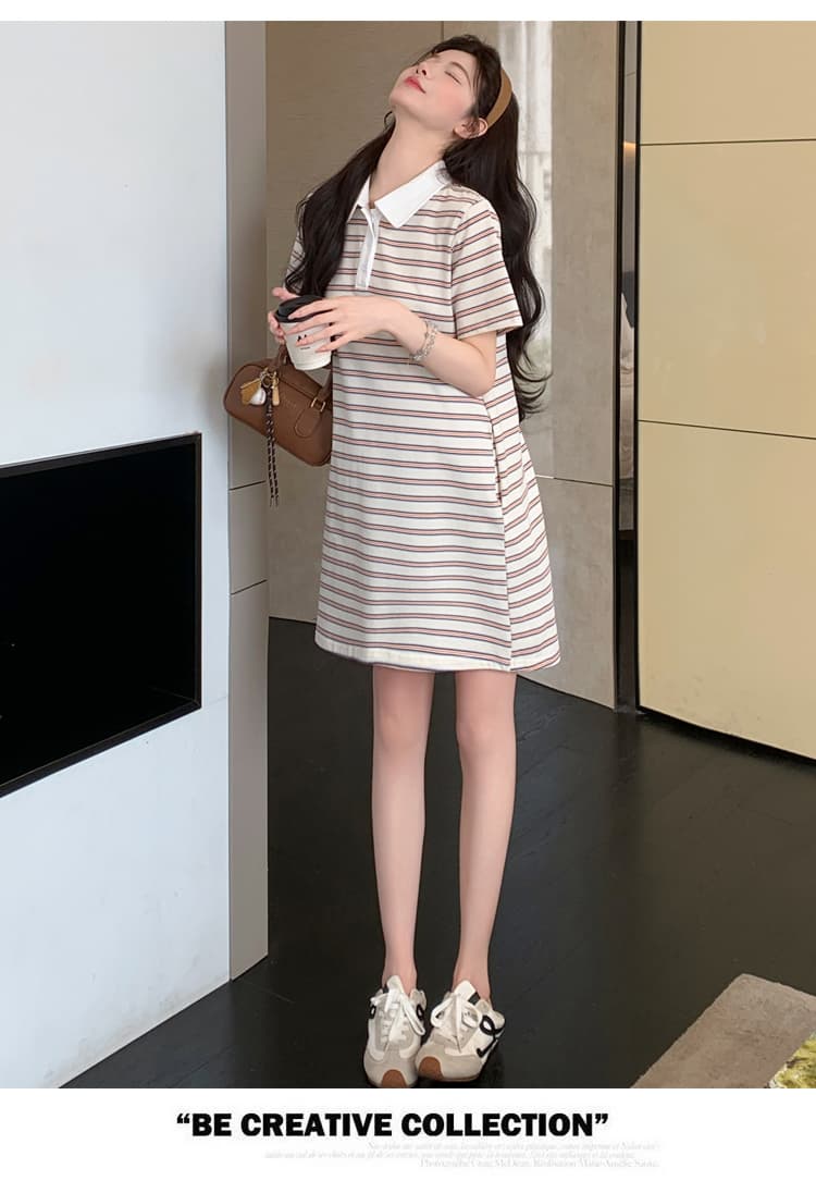 실사 재고 있음 임산부 여름 드레스 2026 새로운 스트라이프 순면 루즈핏 빅 사이즈 POLO 칼라 티셔츠 치마 상세 이미지 33