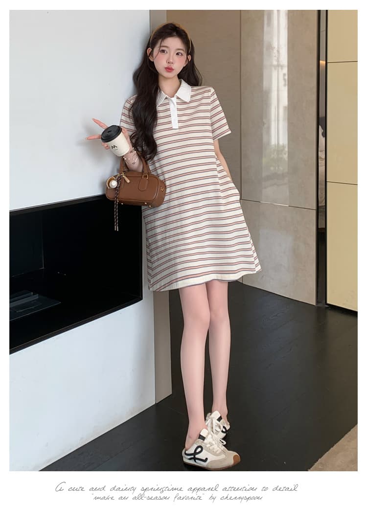 실사 재고 있음 임산부 여름 드레스 2026 새로운 스트라이프 순면 루즈핏 빅 사이즈 POLO 칼라 티셔츠 치마 상세 이미지 34