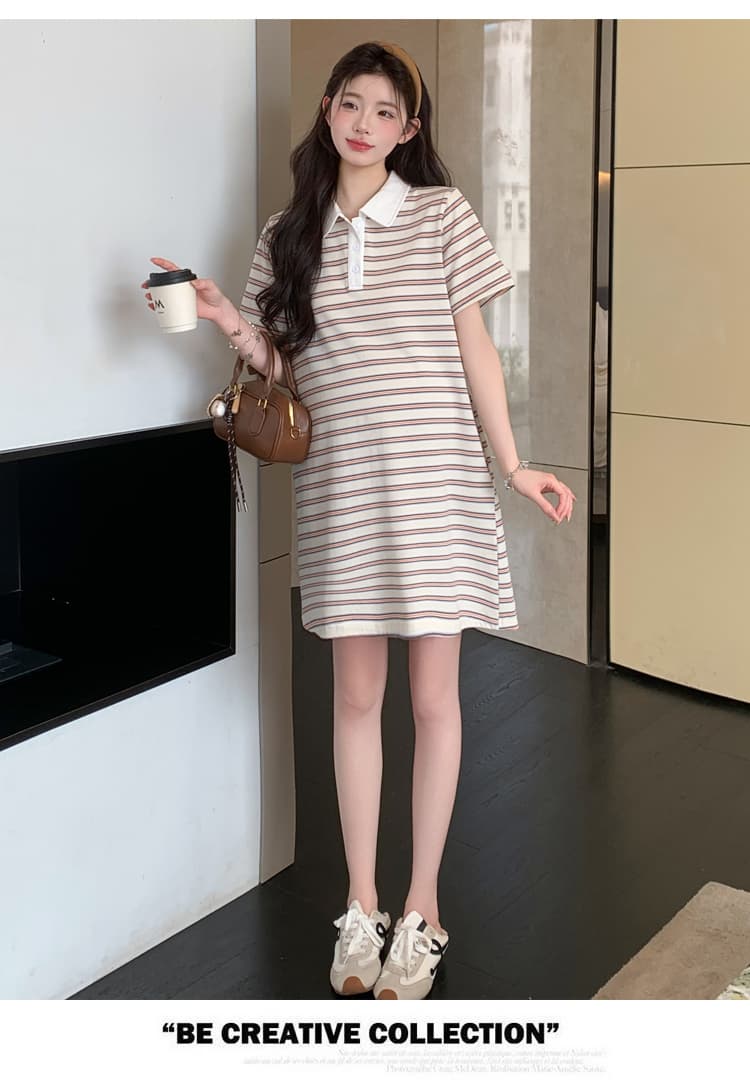 실사 재고 있음 임산부 여름 드레스 2026 새로운 스트라이프 순면 루즈핏 빅 사이즈 POLO 칼라 티셔츠 치마 상세 이미지 36