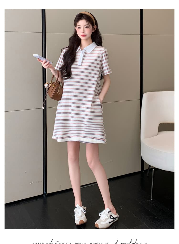 실사 재고 있음 임산부 여름 드레스 2026 새로운 스트라이프 순면 루즈핏 빅 사이즈 POLO 칼라 티셔츠 치마 상세 이미지 40