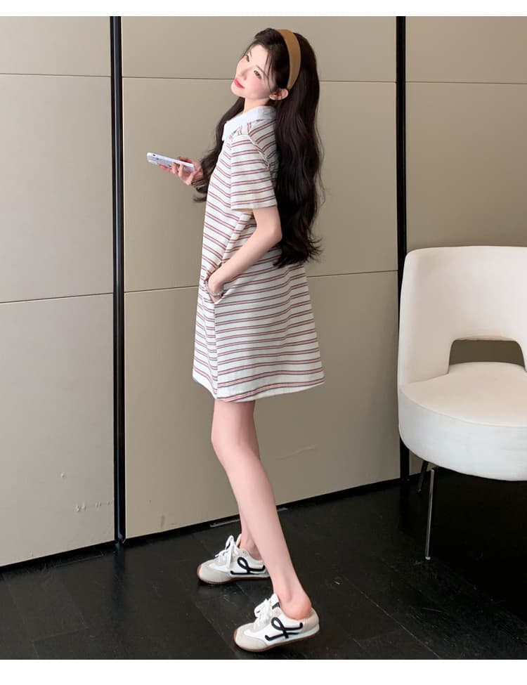 실사 재고 있음 임산부 여름 드레스 2026 새로운 스트라이프 순면 루즈핏 빅 사이즈 POLO 칼라 티셔츠 치마 상세 이미지 44