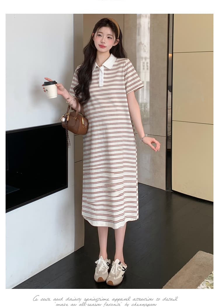 실사 재고 있음 임산부 여름 드레스 2026 새로운 스트라이프 순면 루즈핏 빅 사이즈 POLO 칼라 티셔츠 치마 상세 이미지 48