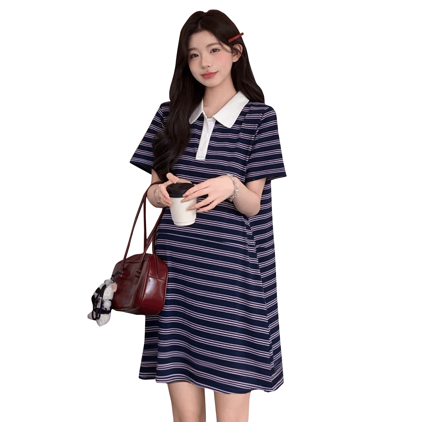 실사 재고 있음 임산부 여름 드레스 2026 새로운 스트라이프 순면 루즈핏 빅 사이즈 POLO 칼라 티셔츠 치마 이미지 6