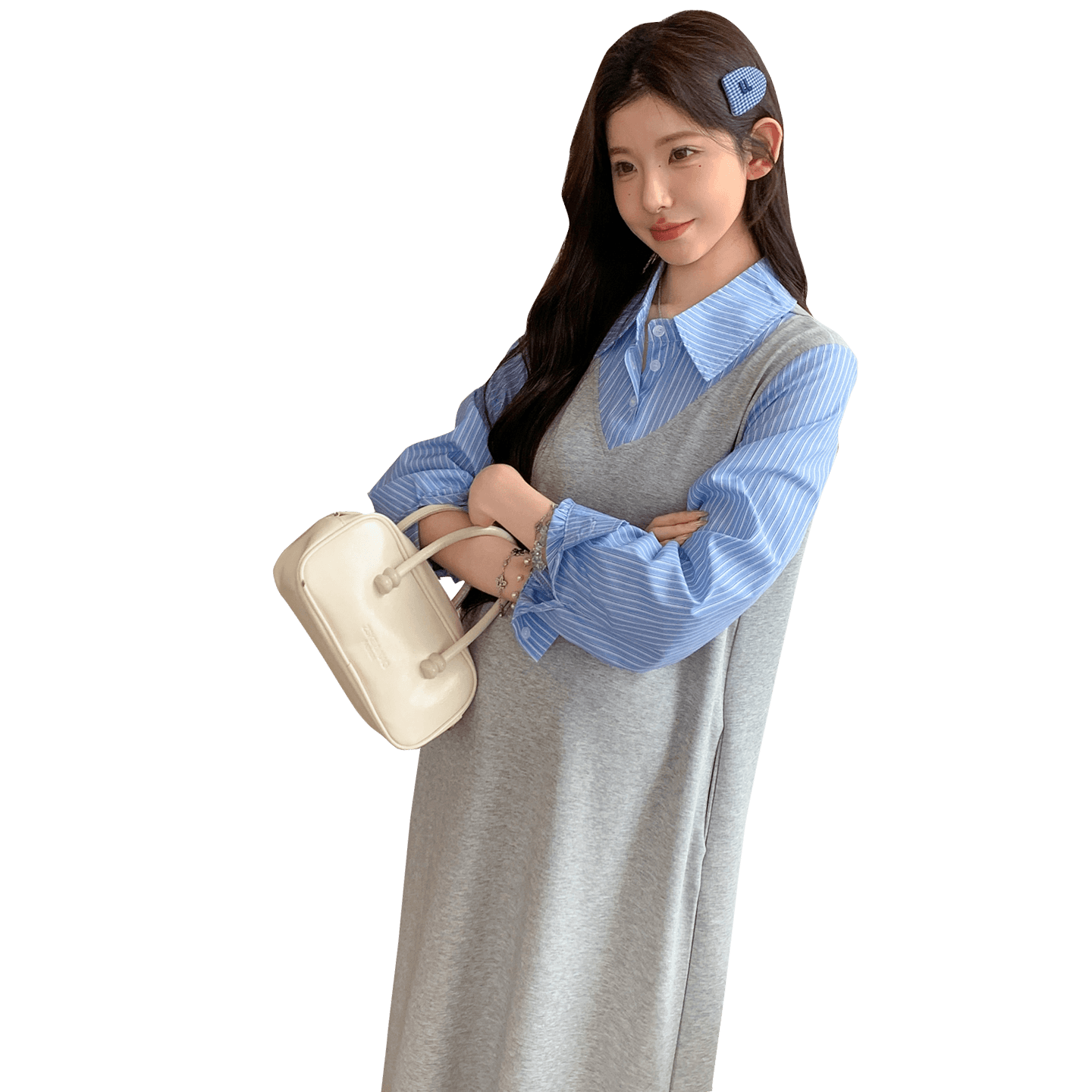 실사 재고 있음 임산부 가을 의상 페이크 레이어드 셔츠 드레스 2026 새로운 이미지 6