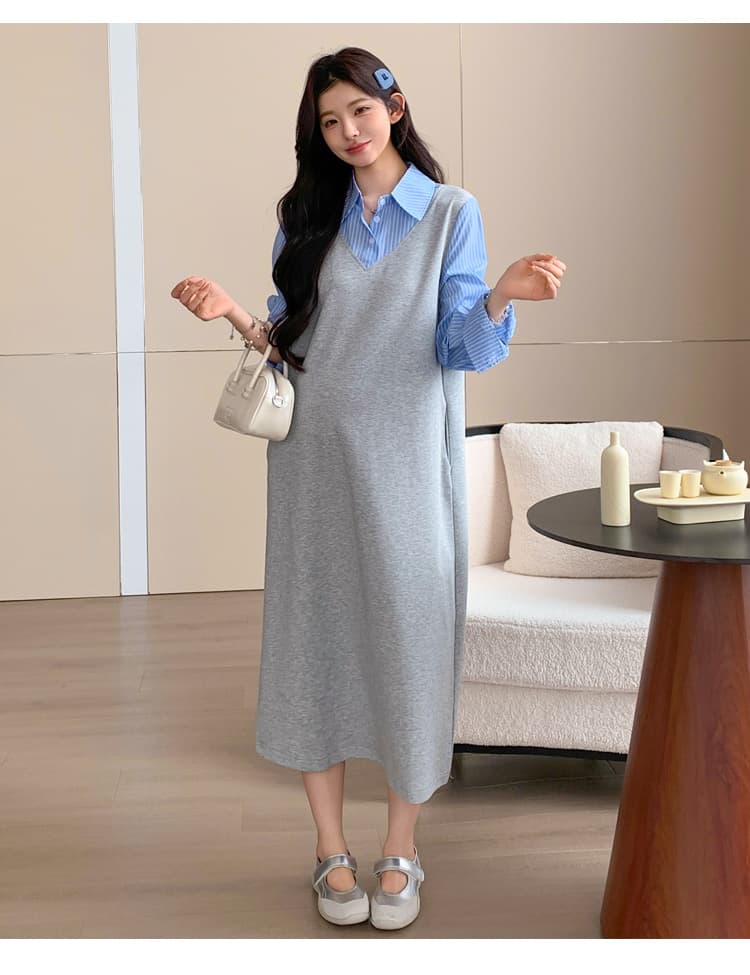 실사 재고 있음 임산부 가을 의상 페이크 레이어드 셔츠 드레스 2026 새로운 상세 이미지 19