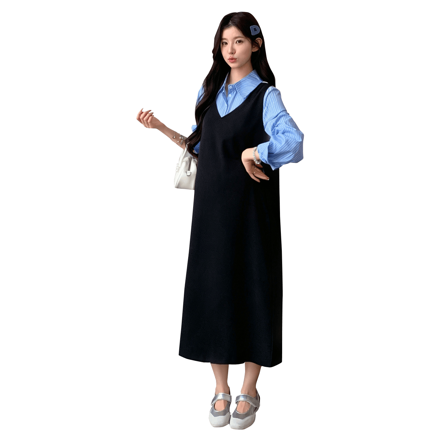 실사 재고 있음 임산부 가을 의상 페이크 레이어드 셔츠 드레스 2026 새로운 이미지 5