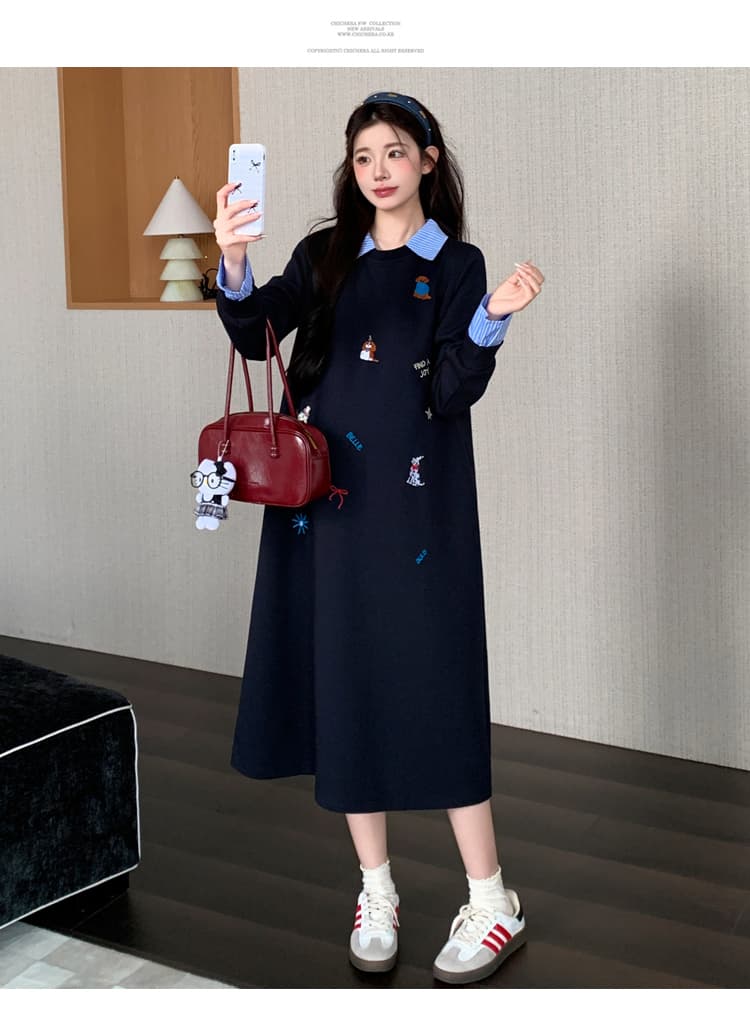 실사 재고 있음 임산부 가을 의상 두꺼운 루즈핏 셔츠 칼라 루즈핏 자수 드레스 2026 새로운 상세 이미지 12