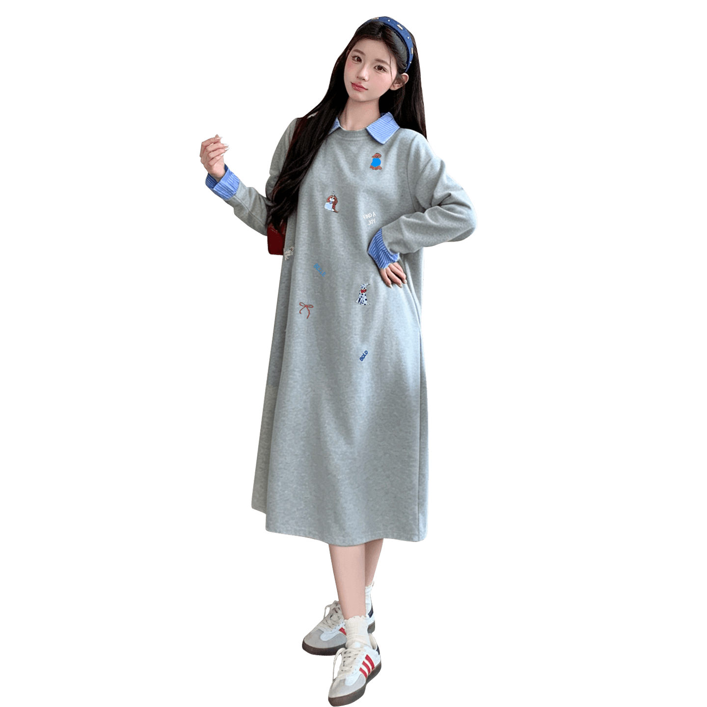 실사 재고 있음 임산부 가을 의상 두꺼운 루즈핏 셔츠 칼라 루즈핏 자수 드레스 2026 새로운 이미지 6