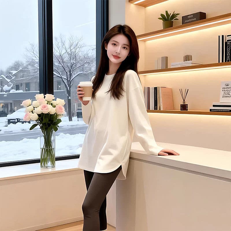 260 그램 연삭 털 60 면 40 폴리에스터 2025 봄 가을 새로운 한국 스타일 긴팔 티셔츠 여성 디자인 센스 이미지 2