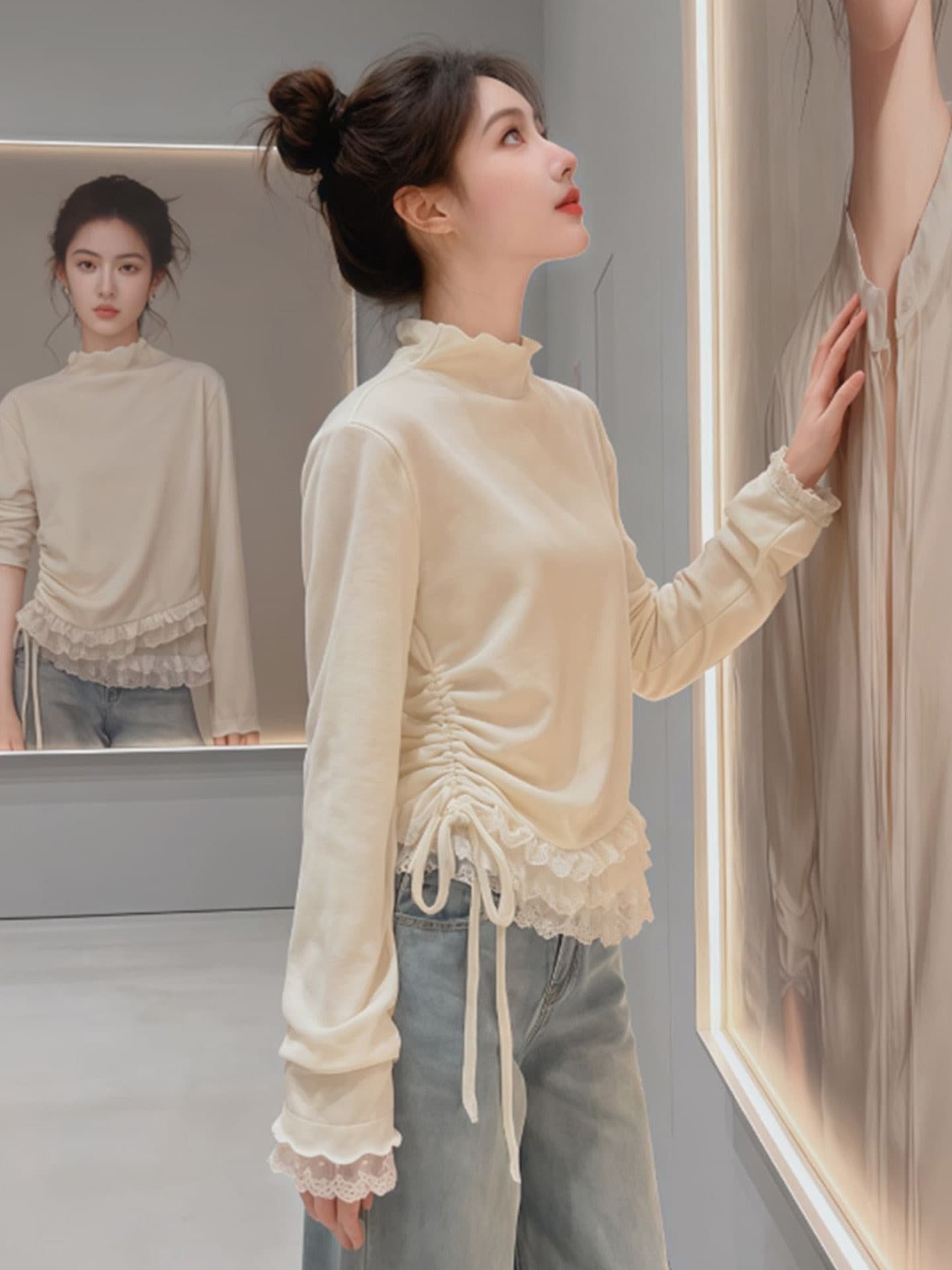 300 그램 사람들 면 연삭 털 2025 봄 가을 새로운 한국 스타일 긴팔 티셔츠 여성 디자인 센스 이미지 4