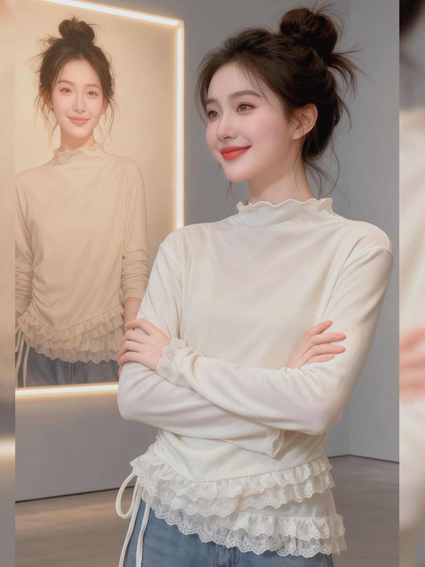 300 그램 사람들 면 연삭 털 2025 봄 가을 새로운 한국 스타일 긴팔 티셔츠 여성 디자인 센스 상세 이미지 7